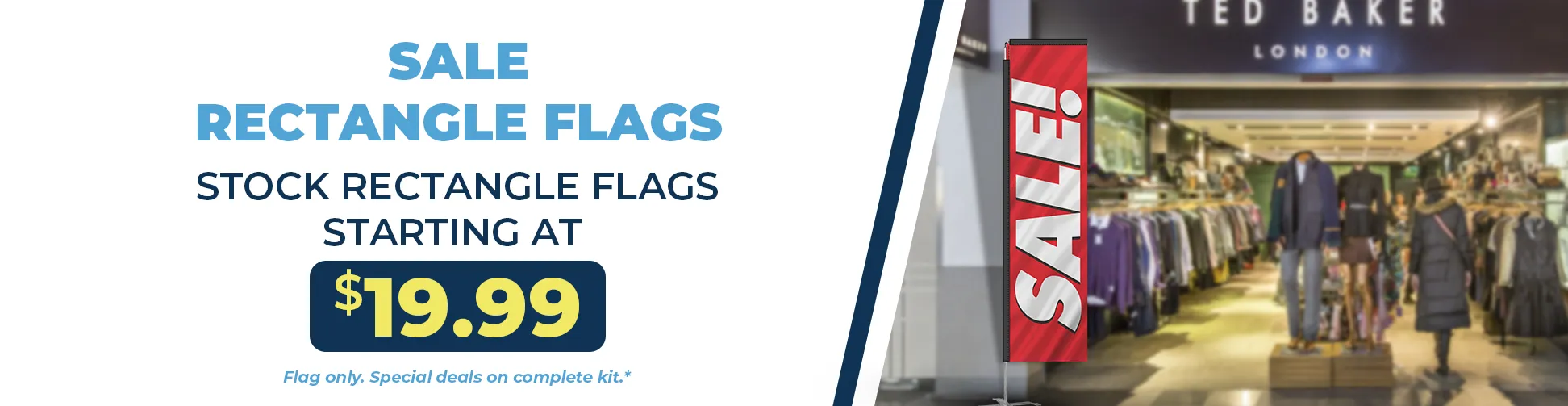 Sale rectangle banner flags used for retail promotions, clearance sales, and storefront advertising displays.