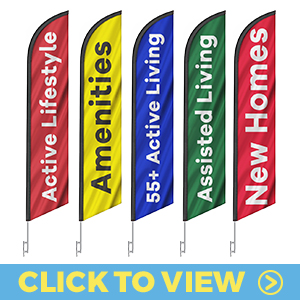 Senior living feather flags – active lifestyle, amenities, 55+ active living, assisted living, and new homes designs