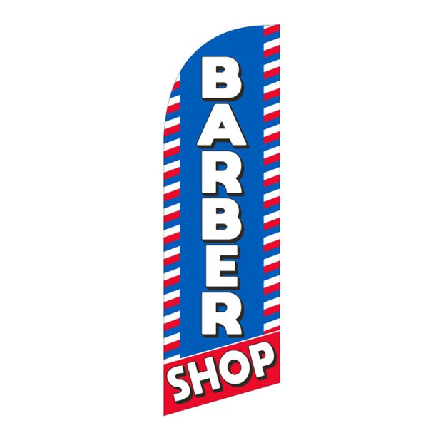 Barber shop feather flag with a blue background, white text, and red and white barber pole stripes, ideal for outdoor advertising in front of a barbershop.