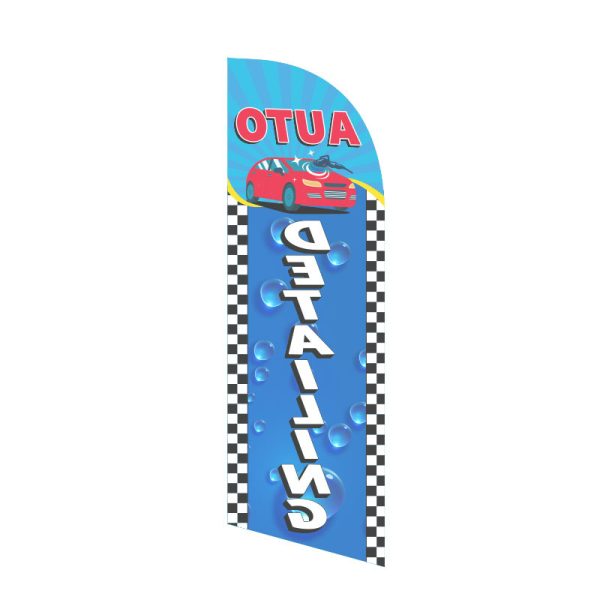 Blue "AUTO DETAILING" feather flag with bold white text, bubbles, checkered accents, and an image of a red car, ideal for outdoor advertising at car washes or auto shops.