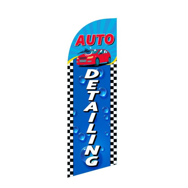 Blue "AUTO DETAILING" feather flag with bold white text, bubbles, checkered accents, and an image of a red car, ideal for outdoor advertising at car washes or auto shops.