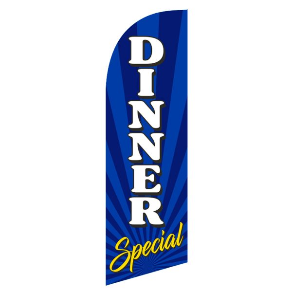 Blue feather flag with bold white "DINNER" text and yellow "Special" text, ideal for advertising restaurant promotions or daily dinner specials outdoors.