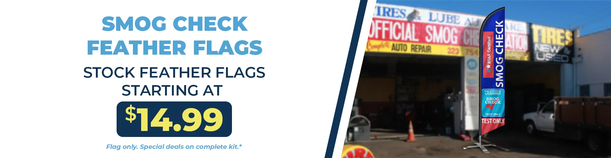 Smog check station feather flags for emissions testing centers and automotive inspection locations