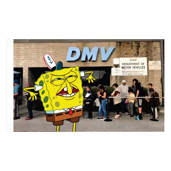 SpongeBob DMV Meme Flag – 3x5 ft featuring a tired, distorted SpongeBob standing in front of a crowded DMV line, perfect for meme lovers and humor fans.