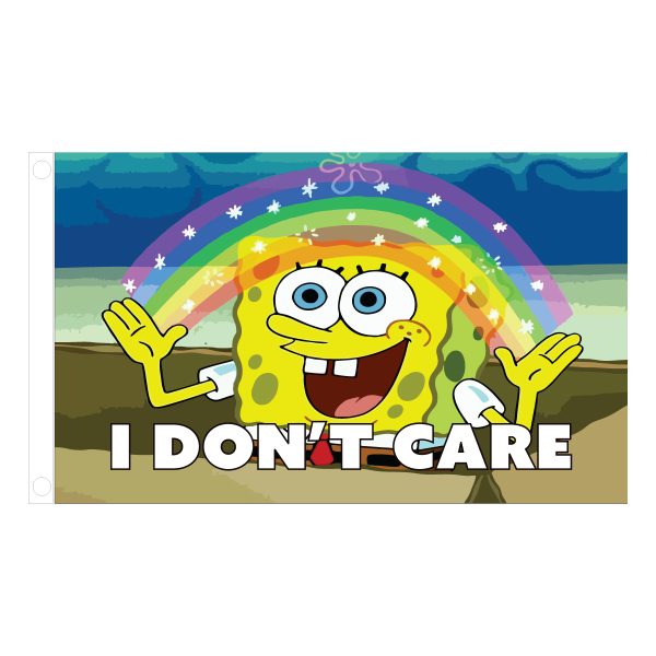 SpongeBob I Don’t Care Meme Flag – 3x5 ft featuring SpongeBob with a rainbow and “I DON’T CARE” text, perfect for meme lovers and humorous room decor.