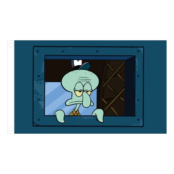 Squidward Window Meme Flag – 3x5 ft featuring Squidward staring out the window with a sad, jealous expression, perfect for meme lovers and humor fans.