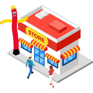 Storefront with custom tube man drawing attention and increasing foot traffic.