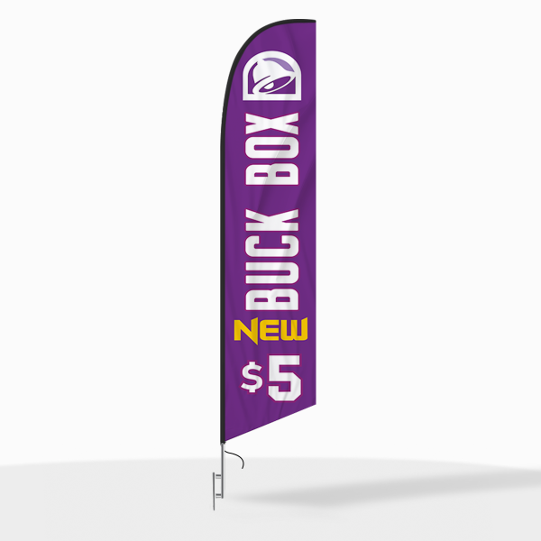 Taco Bell $5 Buck Box feather flag with bold purple background, white vertical text, and Taco Bell logo for high visibility.