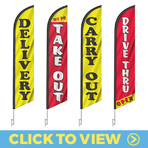 Take out and carry out feather flags – delivery, take out, carry out, and drive thru designs