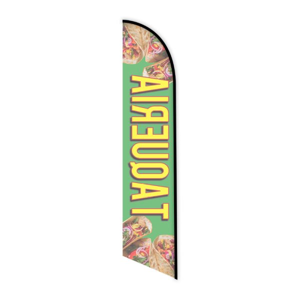 Vibrant green taqueria feather flag with bold yellow text and taco images, perfect for outdoor advertising at Mexican restaurants, food trucks, and taco stands.