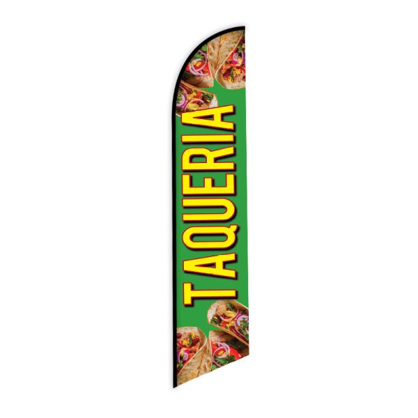 Vibrant green taqueria feather flag with bold yellow text and taco images, perfect for outdoor advertising at Mexican restaurants, food trucks, and taco stands.