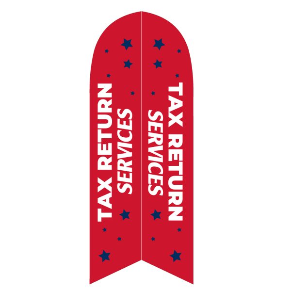 Red feather flag with "Tax Return Services" text and blue stars design, perfect for promoting tax services with high visibility