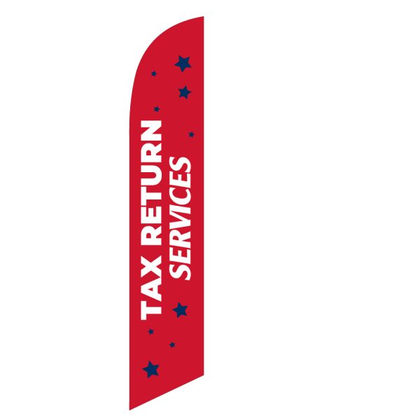 Red feather flag with "Tax Return Services" text and blue stars design, perfect for promoting tax services with high visibility