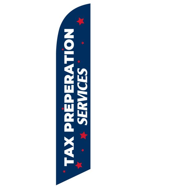 Navy blue feather flag with "TAX PREPARATION SERVICES" text and red stars, ideal for advertising tax services.