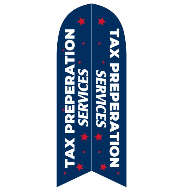 Navy blue feather flag with "TAX PREPARATION SERVICES" text and red stars, ideal for advertising tax services.