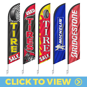 Tire feather flags – tire sale, used tires, tire service, and brand designs including Michelin and Bridgestone