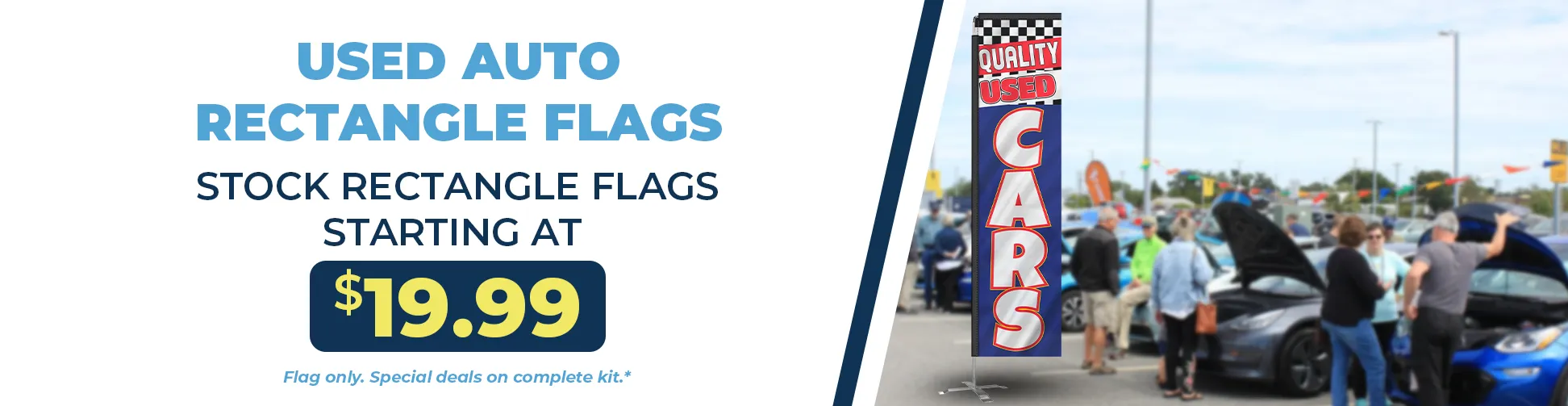 Used auto dealership rectangle banner flags used for car lot advertising, pre-owned vehicle sales promotions, and automotive dealership marketing.