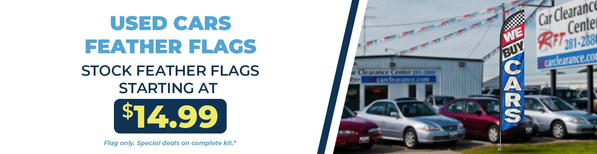 Used auto dealer feather flags for car lots, used car sales, and automotive promotions