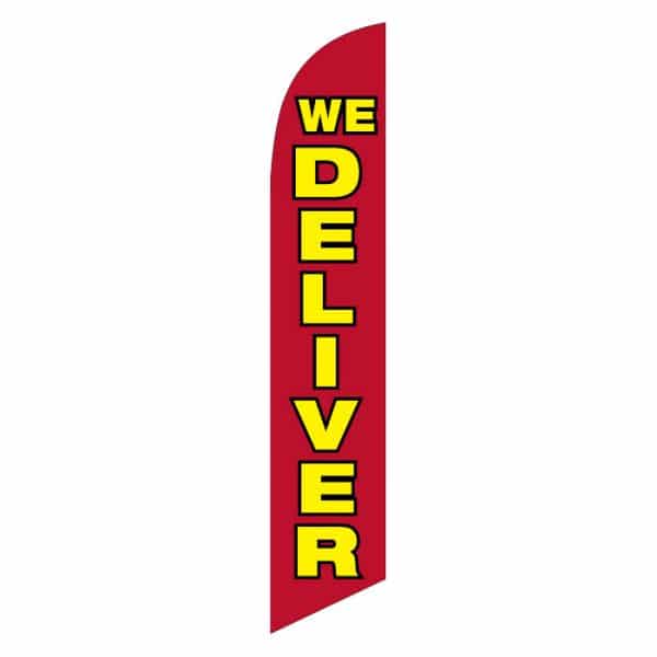 we-deliver-feather-flag-red background yellow text