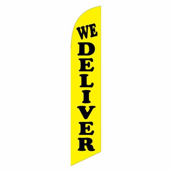 we-deliver-feather-flag-yellow with black text