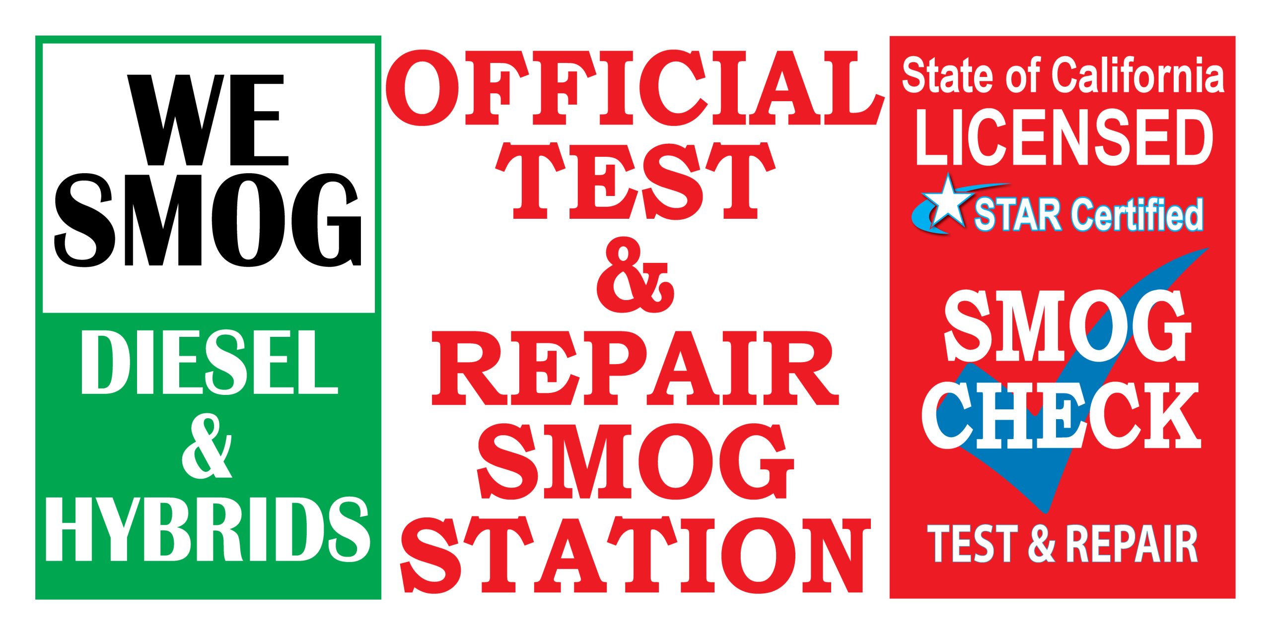 We Smog Diesel and Hybrids STAR Certified Smog Check banner with red, green, and white panels