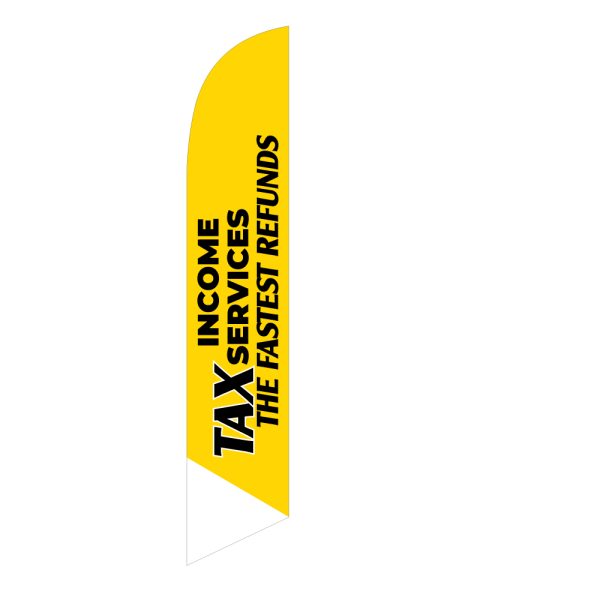 Yellow single-sided "Tax Services" feather flag with bold black text promoting income tax services and the fastest refunds.